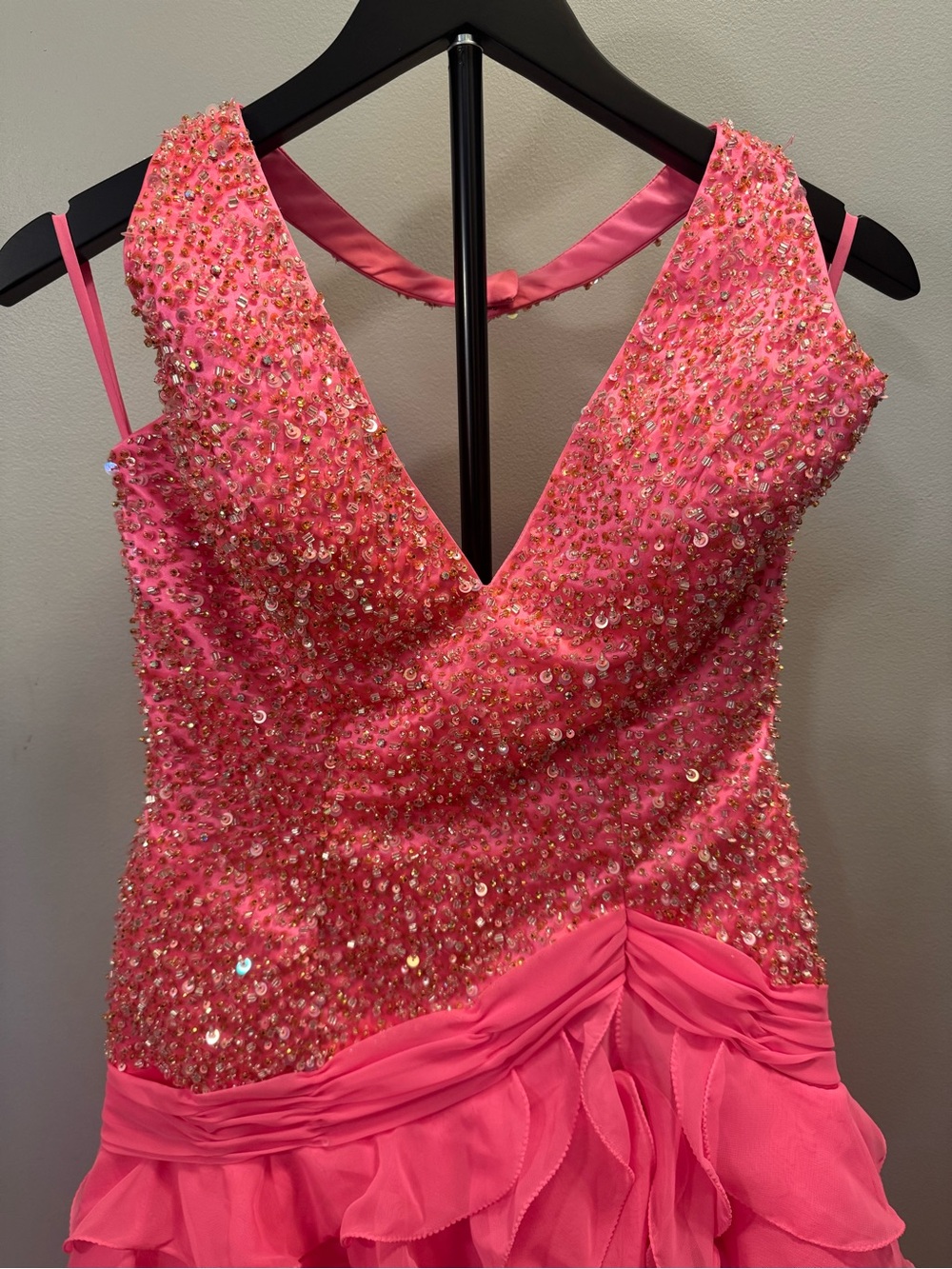 Pink Beaded V-Neck Ruffled Prom Dress - Picture 2 of 12